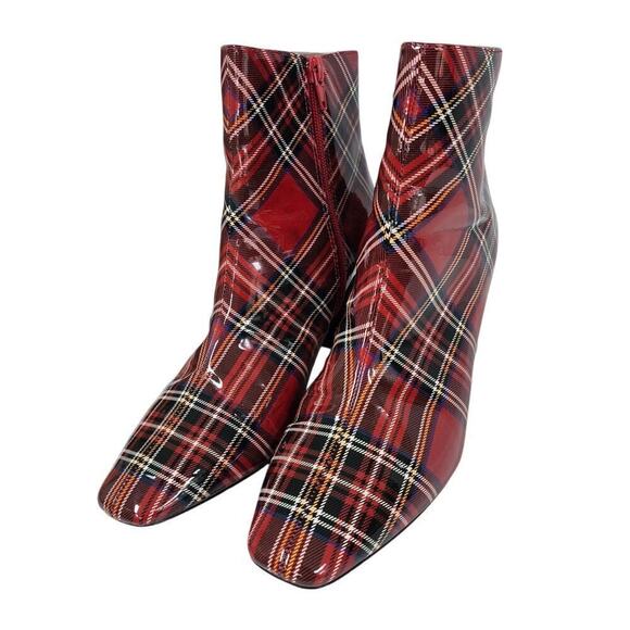 Betsey Johnson Regie Red Tartan Plaid Boots Booties Sz 6.5 Wet Look Chunky Heel - Picture 6 of 10